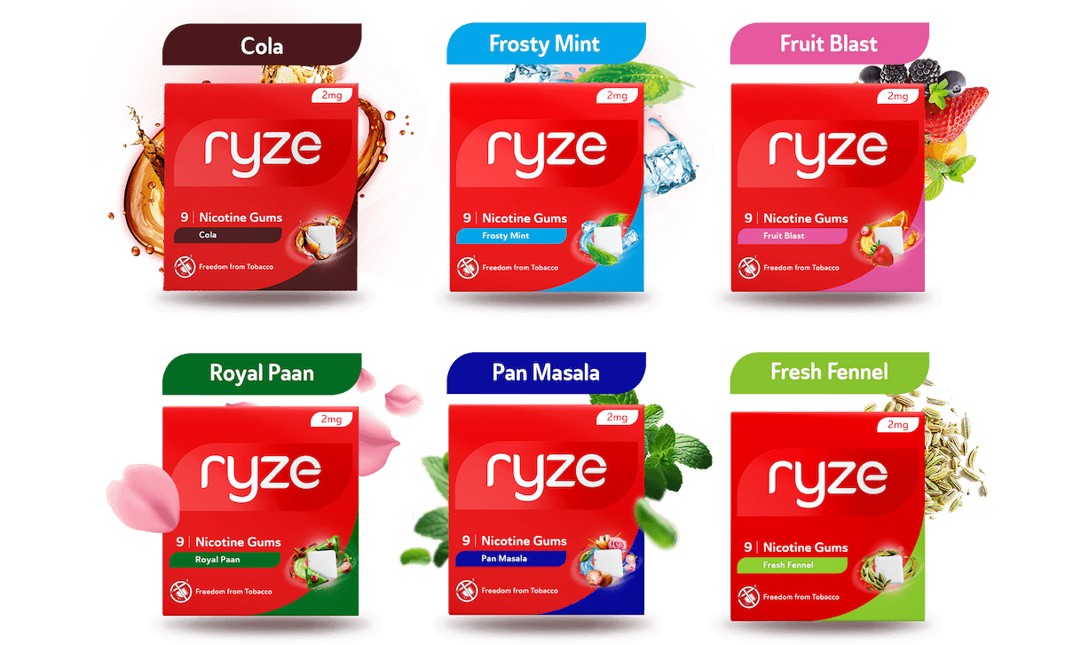 Crave the flavours - 6 Ryze gum flavor varieties: Cola, Frosty Mint, Fruit Blast, Royal Paan, Pan Masala, Fresh Fennel