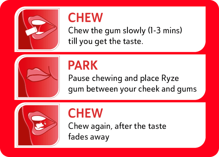 Chewing instruction card showing the 3-step technique: Chew, Park, Chew